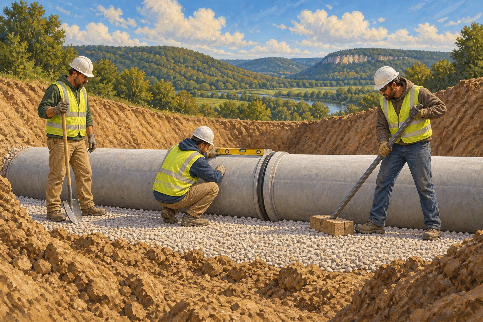 Illustration of a pipe crew aligning sewer pipe on gravel bedding in a shallow sloped excavation