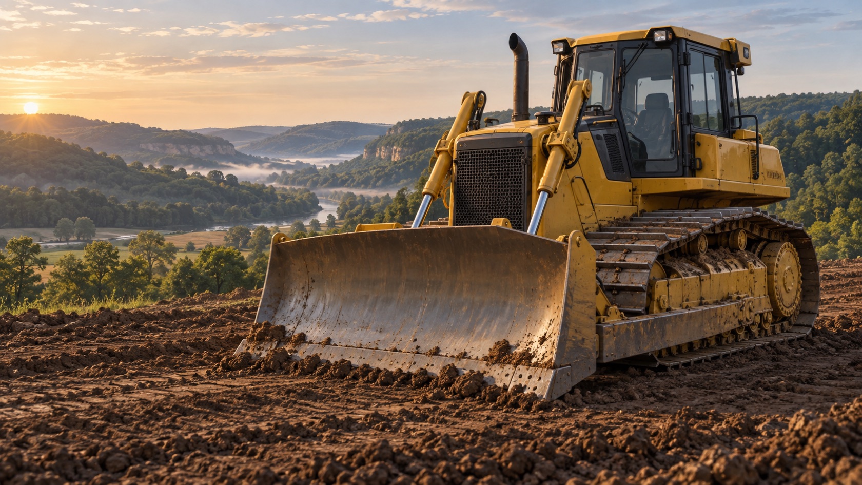 Illustration of a tracked dozer grading earth against the rolling hills of the Driftless region