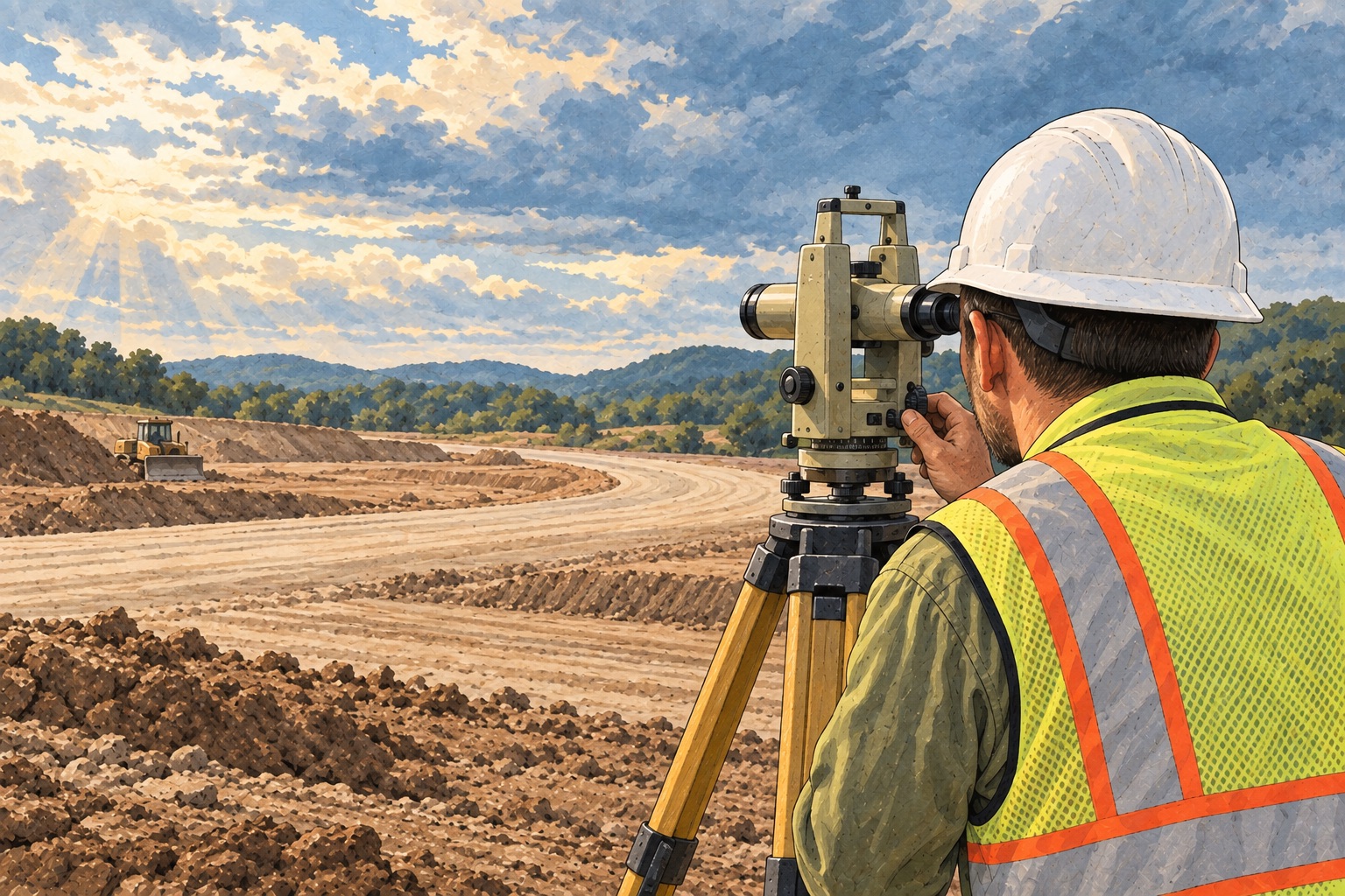 Illustration of a worker using a theodolite at a construction site